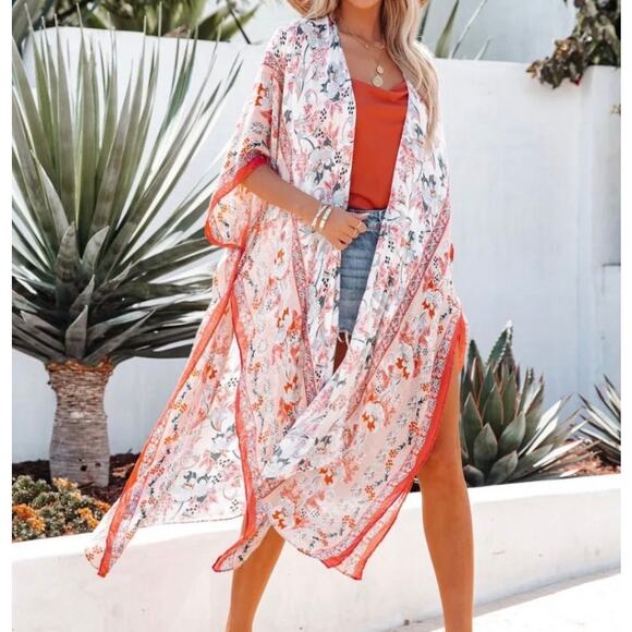 Boho Floral Midi Open Front Lightweight Kimono Duster One Size Casual Layering - Picture 2 of 14